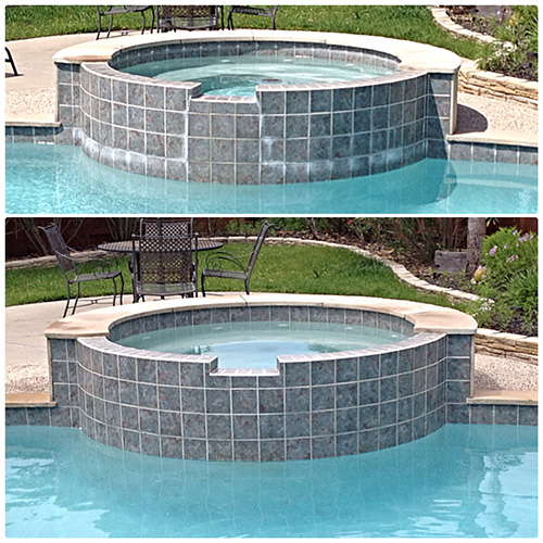 Professional pool tile cleaning by Houston Pool Renovations, showcasing the removal of calcium build-up from pool tiles.