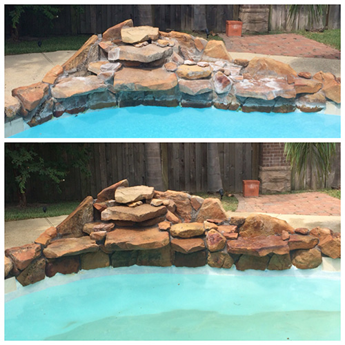 Professional pool tile cleaning by Houston Pool Renovations, showcasing the removal of calcium build-up from pool tiles.