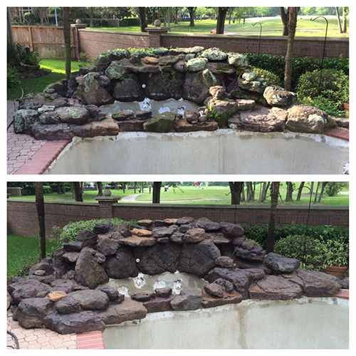 Professional pool tile cleaning by Houston Pool Renovations, showcasing the removal of calcium build-up from pool tiles.