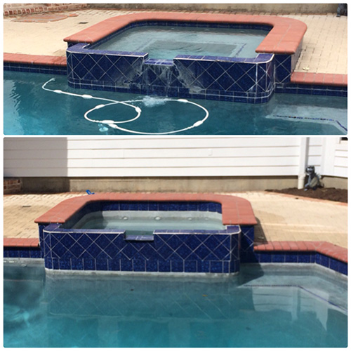 Professional pool tile cleaning by Houston Pool Renovations, showcasing the removal of calcium build-up from pool tiles.