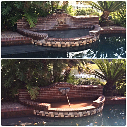 Professional pool tile cleaning by Houston Pool Renovations, showcasing the removal of calcium build-up from pool tiles.